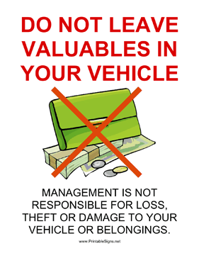 Do Not Leave Valuables Sign