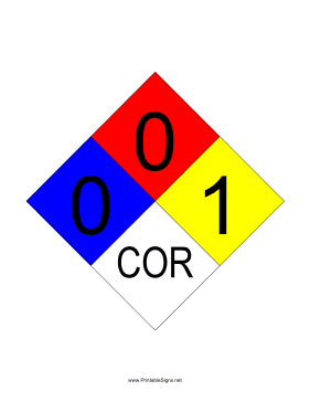 NFPA 704 0-0-1-COR Sign