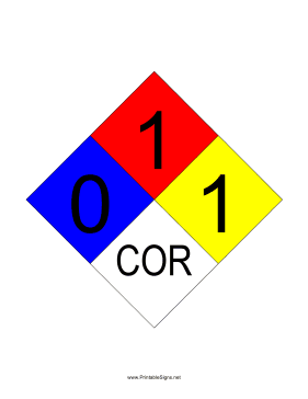 NFPA 704 0-1-1-COR Sign