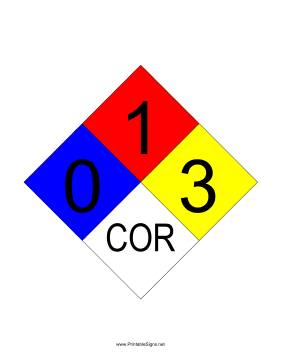 NFPA 704 0-1-3-COR Sign