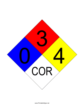 NFPA 704 0-3-4-COR Sign