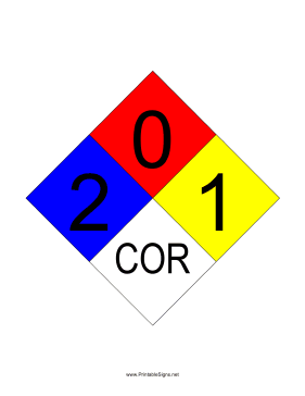 NFPA 704 2-0-1-COR Sign