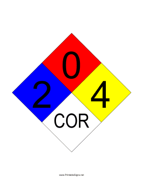 NFPA 704 2-0-4-COR Sign