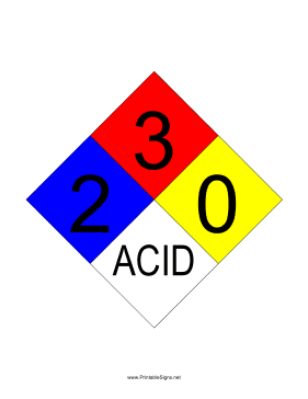 NFPA 704 2-3-0-ACID Sign
