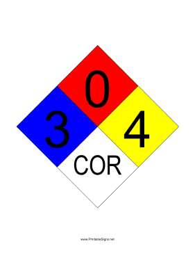 NFPA 704 3-0-4-COR Sign