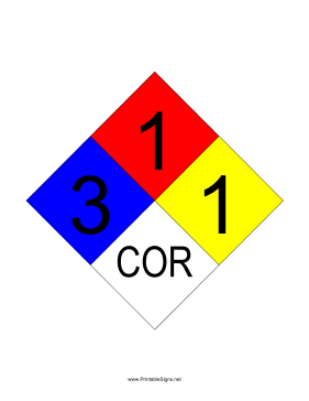 NFPA 704 3-1-1-COR Sign