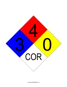 NFPA 704 3-4-0-COR Sign