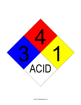 NFPA 704 3-4-1-ACID Sign