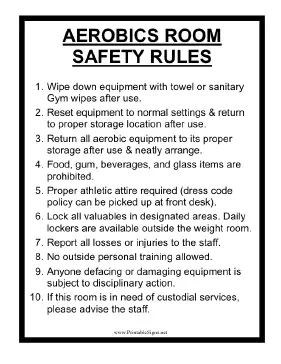 Aerobics Room Safety Rules Sign