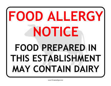 Allergy Notice Dairy Sign