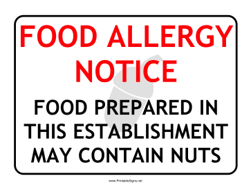 Allergy Notice Nuts Sign