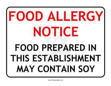 Allergy Notice Soy Sign