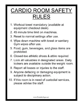 Cardio Room Safety Rules Sign
