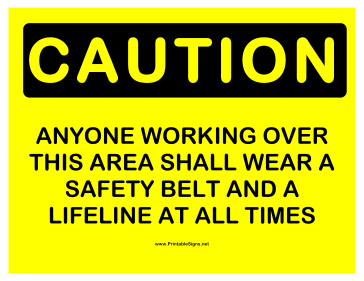 Caution Safety Belt and Lifeline All Times Sign