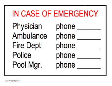 In Case Of Emergency - Phone Numbers Sign