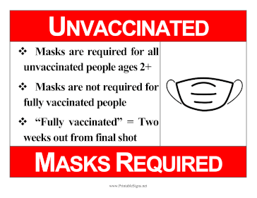 Masks Required For Unvaccinated Sign
