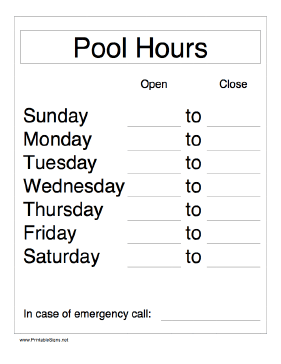 Daily Pool Hours Sign