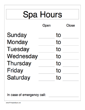 Daily Spa Hours Sign