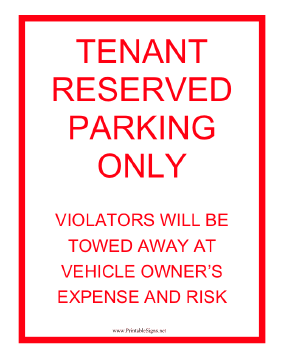 Tenant Parking Tow Warning Red Sign