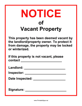 Vacant Property Notice Sign