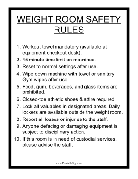 Weight Room Safety Rules Sign